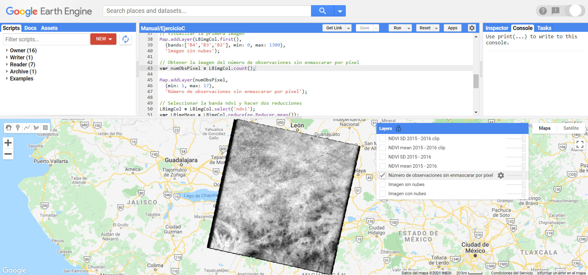 Visualización de la imagen con el número de observaciones sin enmascarar por píxel.