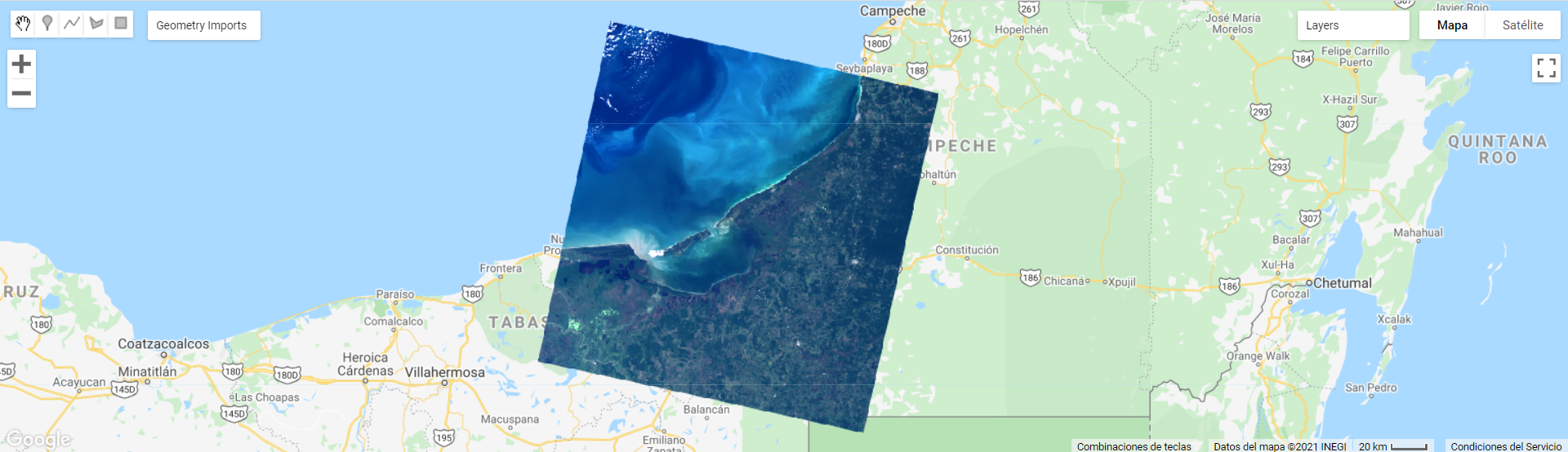 Ejemplo de visualización de un compuesto RGB de una imagen Landsat 8 sobre Laguna de Términos, México.