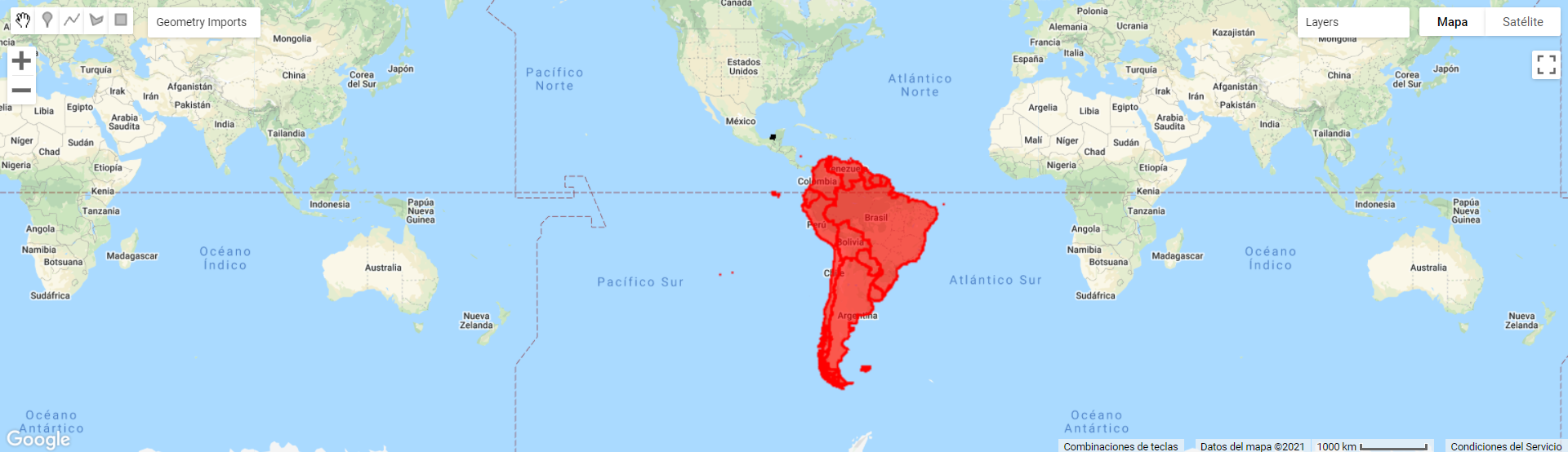 Ejemplo de visualización de un vector con los límites políticos de los países de Sudamérica donde se indica su color.