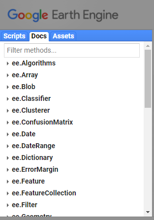 Ejemplo de la pestaña de documentación dentro de GEE.