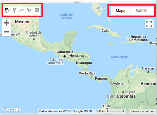 Vista de la pantalla de mapa, indicando las diferentes herramientas que se pueden utilizar en ella.