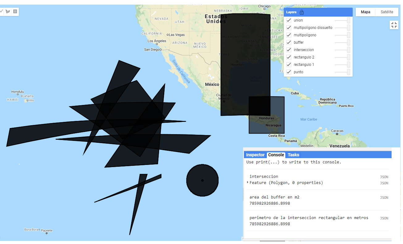 Visualización de la unión de diferentes geometrías, así como la salida de la consola de la intersección, área y perímetro calculados.