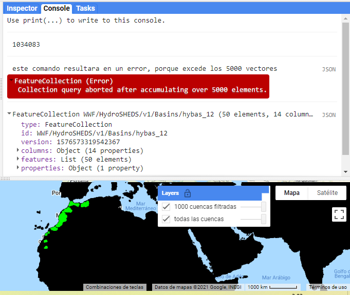 Visualización de las primeras 1000 cuencas, así como su salida en la consola.