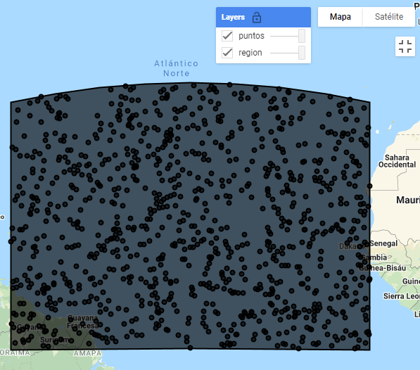 Visualización de los puntos aleatorios creados dentro de un área de interés.