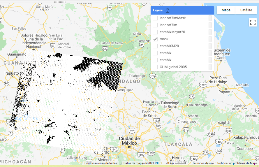 Visualización de la máscara de Landsat 8 indicando píxeles con nubes y sin nubes.