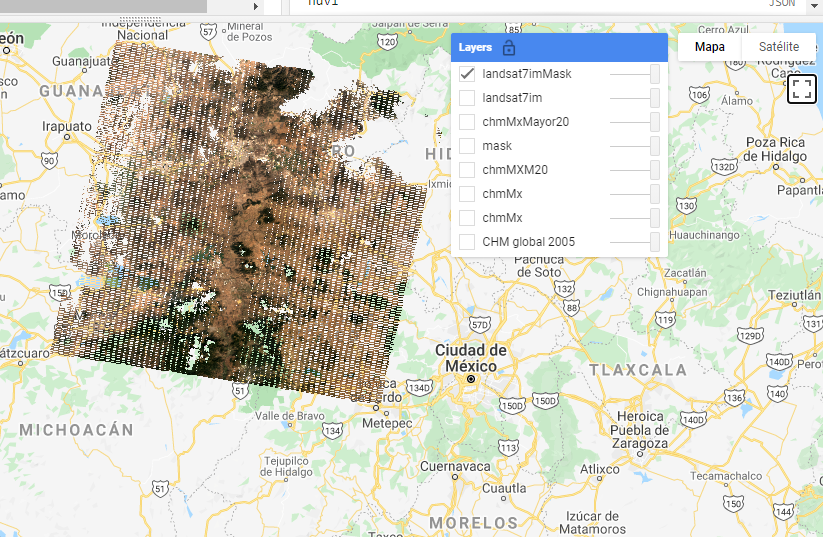 Imagen Landsat después del enmascaramiento de nubes. Nótese que las áreas enmascaradas ahora son transparentes.