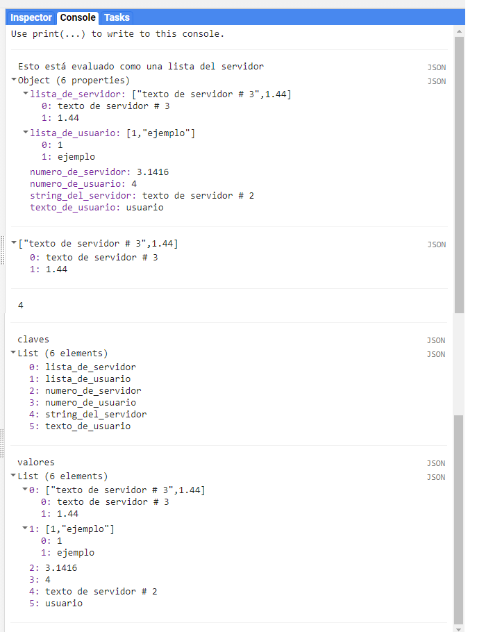 Salida de la consola de varios objetos de tipo diccionario del lado del servidor.