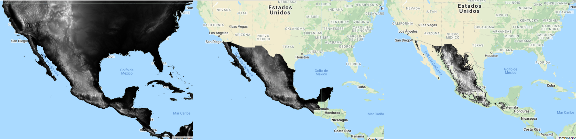 Visualización de las tres capas generadas: DEM sin corte, DEM con corte, DEM con corte y enmascarada.