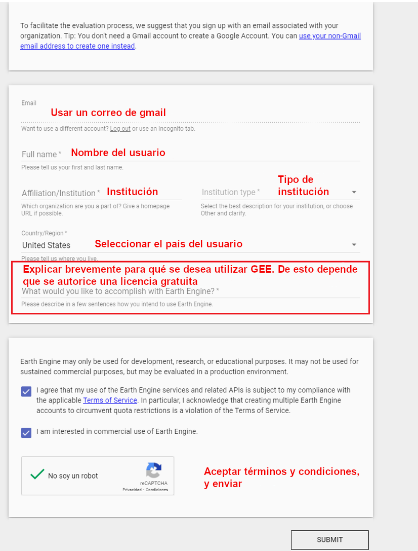 Formulario de datos a llenar para registrarse en GEE.