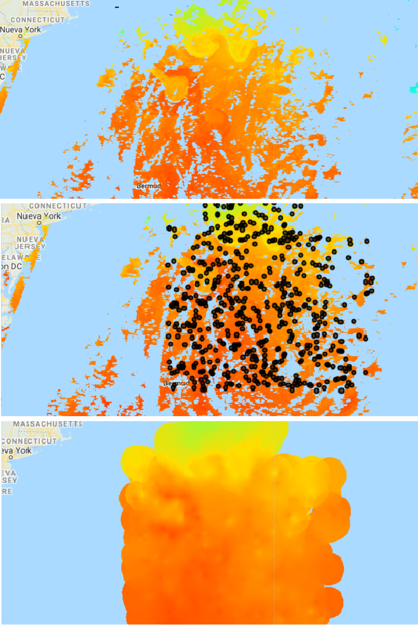 Visualización de la capa inicial de temperatura de la superficie marina, puntos de muestreo y capa interpolada.