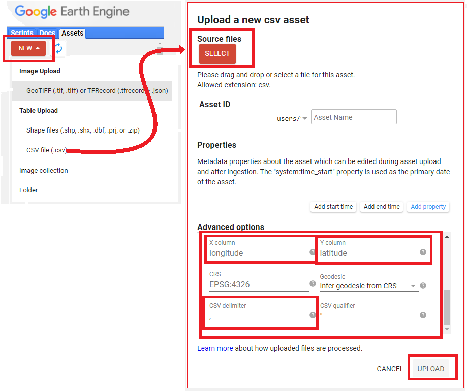 Opciones disponibles para importar datos tipo CSV, especificar (si existe) columna de longitud y latitud (solo acepta punto decimal) y tipo de delimitador.